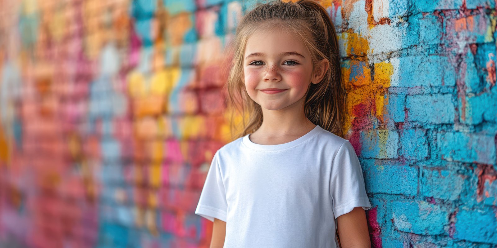 Young girl smiles joyfully in front of an artistic mural during a sunny day in an urban setting